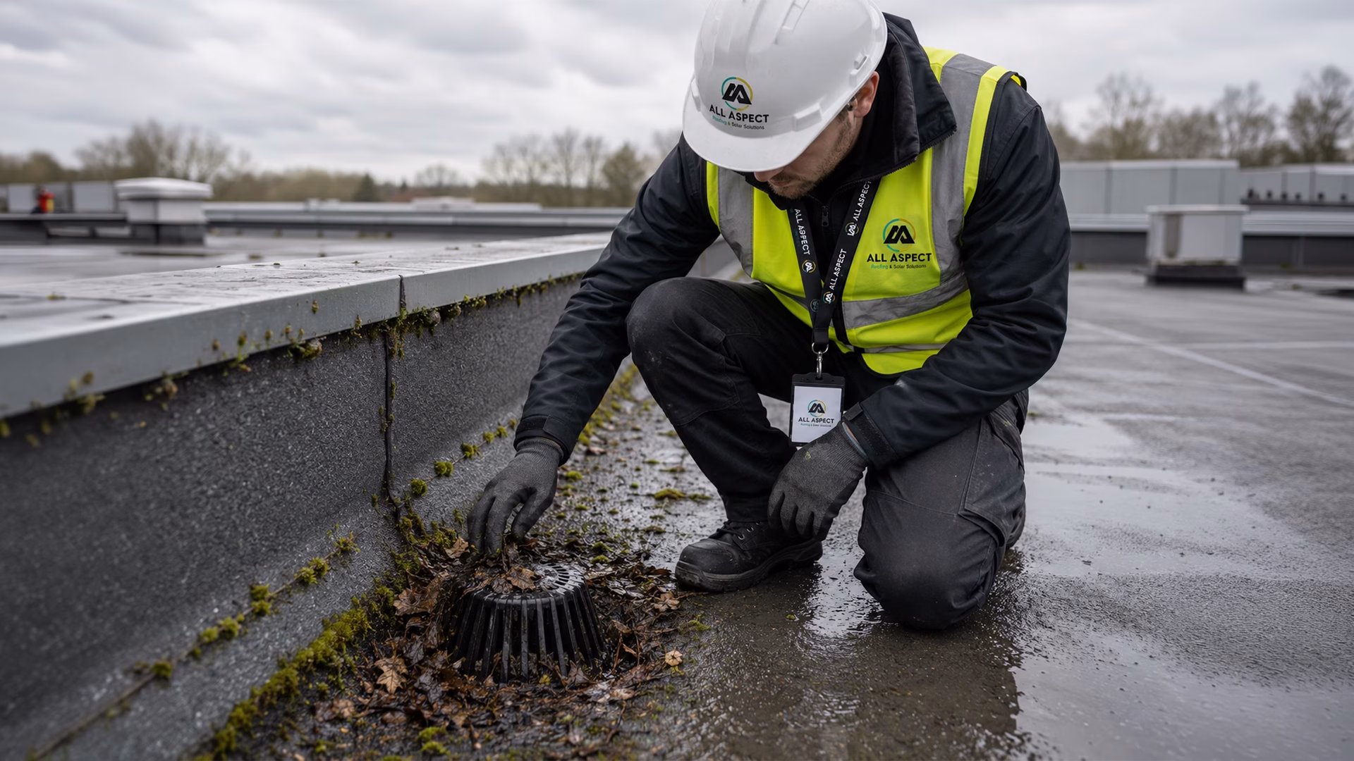 professional-all-aspect-roof-clearing-foliage-from-gutter-filter Commercial roof maintenance inspection being carried out around a blocked roof outlet on a flat roof