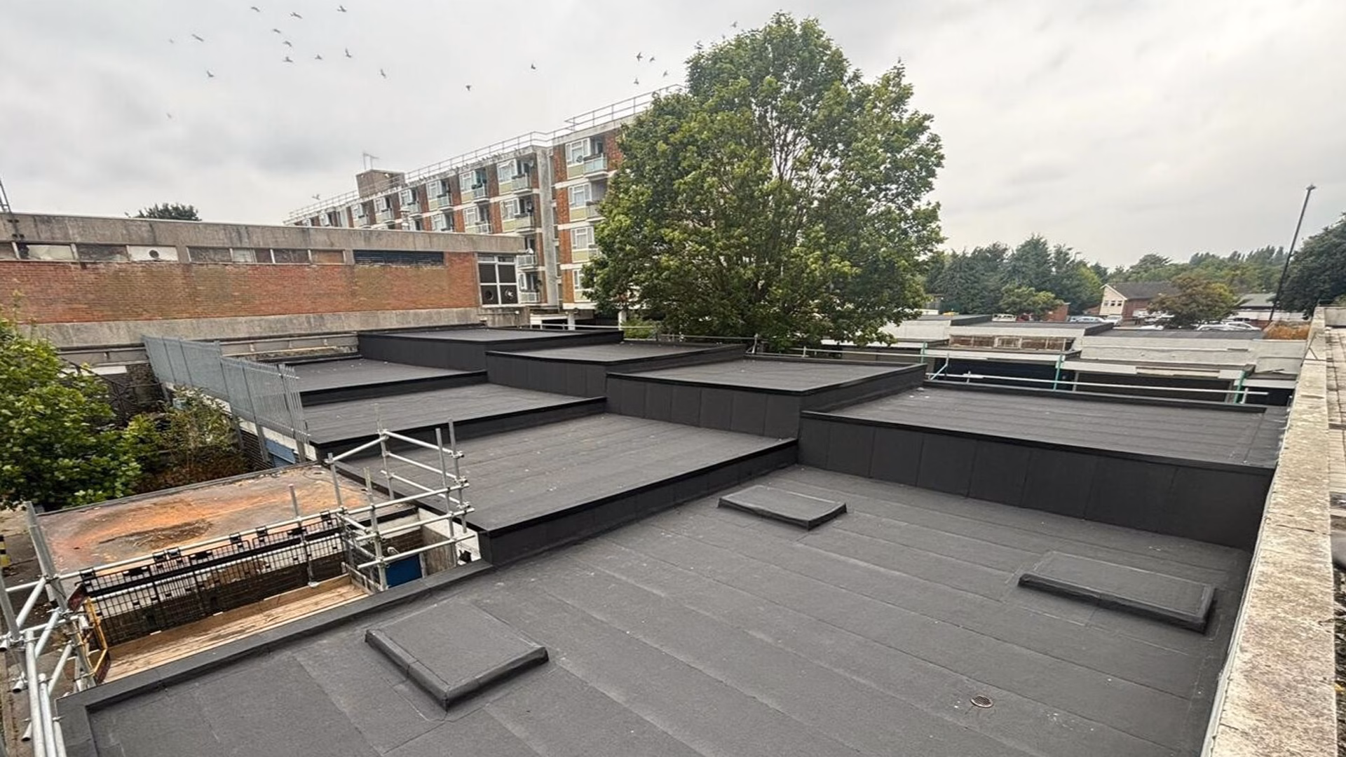 Eddisons flat roofing grey felt refurbishment.