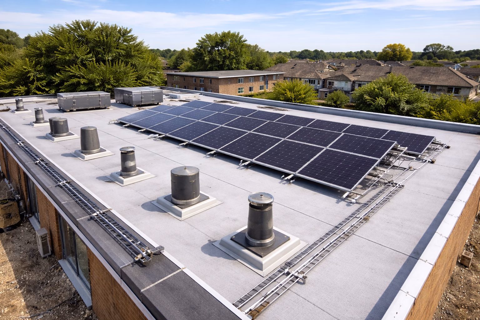 Commercial solar panels installed on a flat roof with integrated roofing system and cable trays in the UK