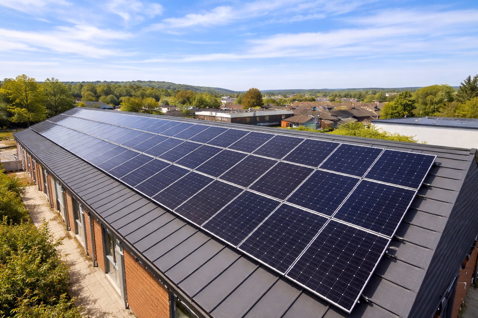 Roof mounted solar panels installed on a commercial building in the UK
