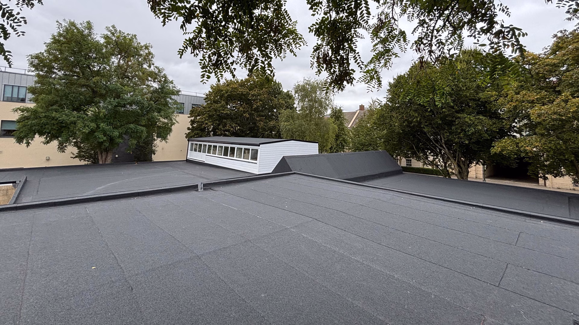 Completed warm flat roof system at Whitney Library featuring torch-applied felt waterproofing and new insulated roof build-up for long-term durability.