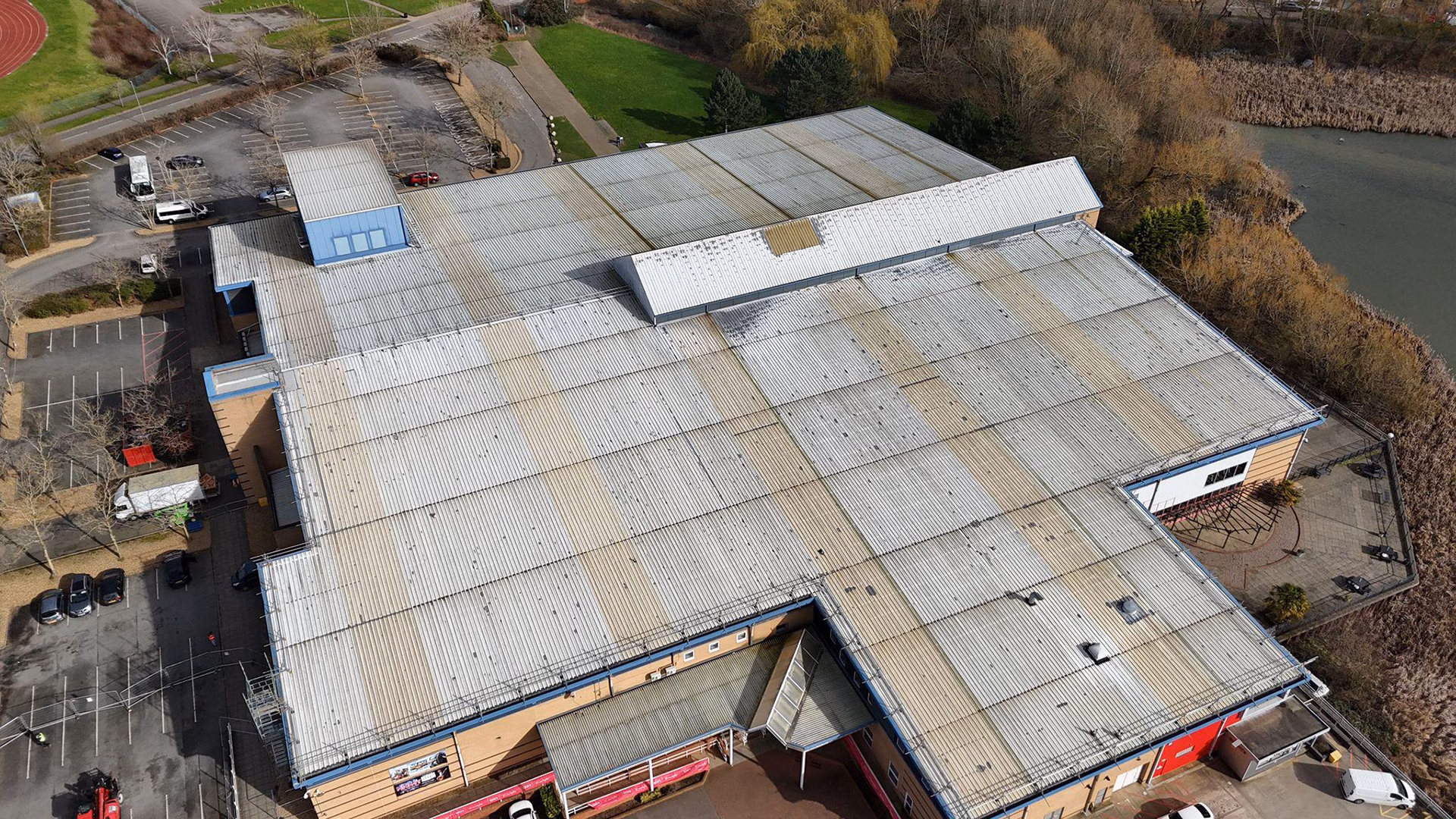 Bird's-eye view of the Kettering Leisure Village roof before refurbishment