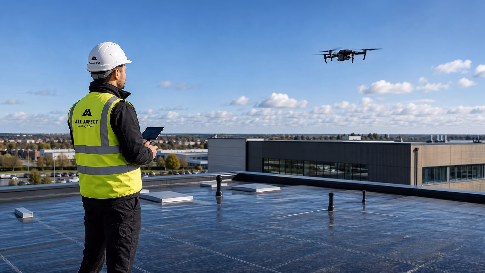 Commercial roof drone surveyor evaluating rooftop quality.