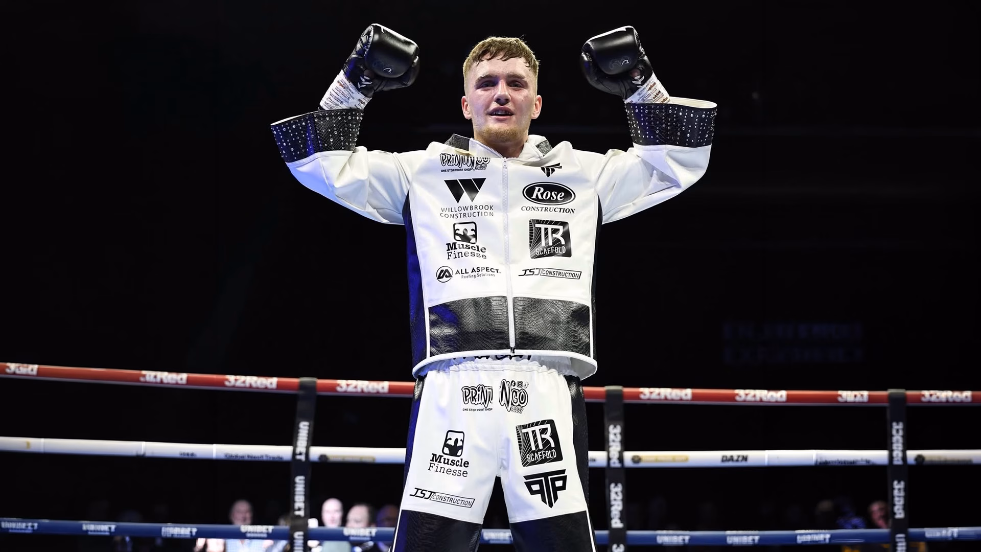 Ellis Panter after winning a boxing match, sponsored by All Aspect
