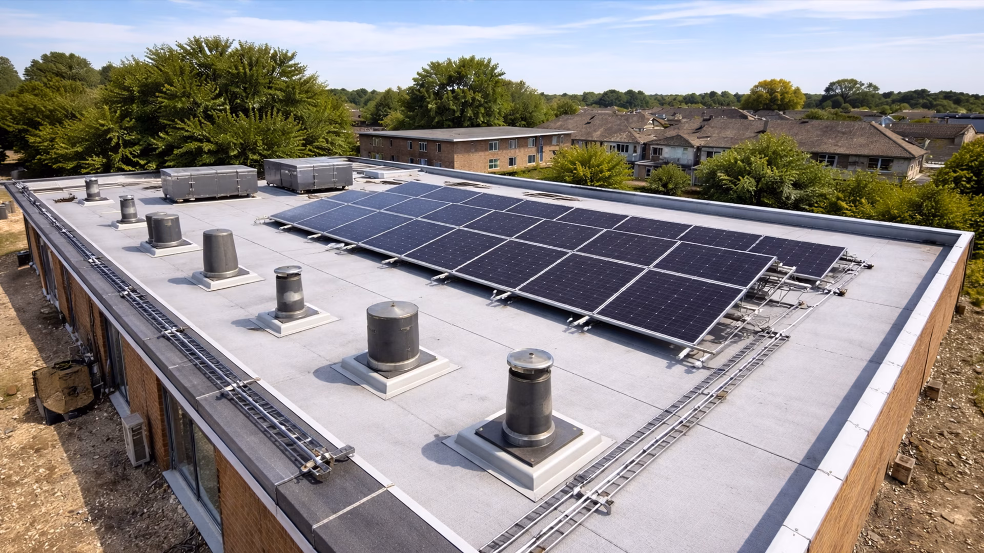 Commercial-Solar-Installation-Integrated-with-Flat-Roofing-System-–-All-Aspect-Ltd Commercial solar panels installed on a flat roof with integrated roofing system and cable trays in the UK